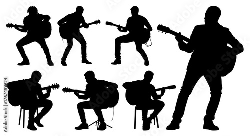 Man Playing Guitar, Musician Poses, Silhouette Vector Set, Transparent Background