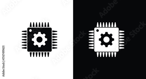 Processor chip with cogwheel icon symbolizing technology and engineering - Line and glyph icon and logo - Vector icon symbol for website - Icon vector