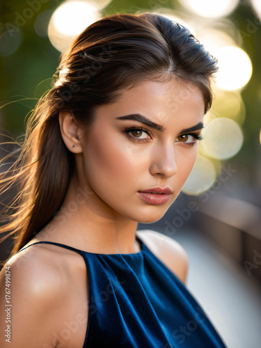 Porträt einer jungen Frau in blauem Kleid