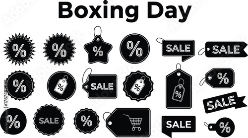 Boxing day sale promotion, featuring various discount tags and labels for shopping and retail advertising campaigns