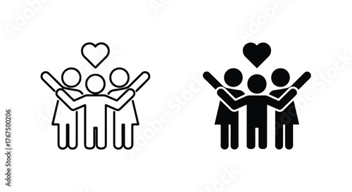 Two icon styles of people holding arms up with heart above them - Line and glyph icon and logo - Vector icon symbol for website - Icon vector