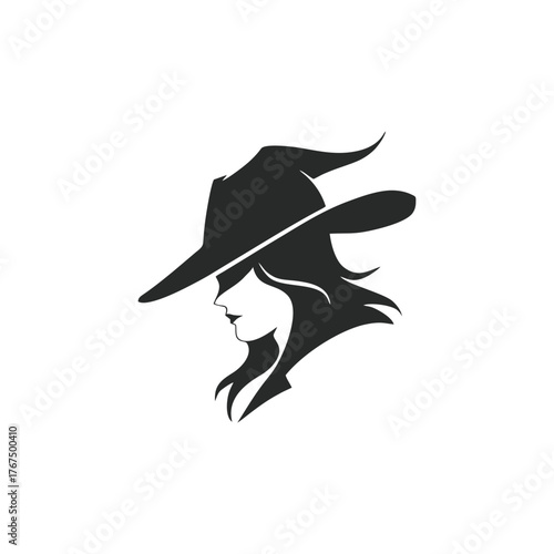Silhouette of a witch wearing a pointed hat, profile view, with flowing hair.