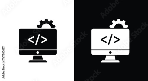 Computer screen with code symbol and gear icon for development and technology concepts - Line and glyph icon and logo - Vector icon symbol for website - Icon vector