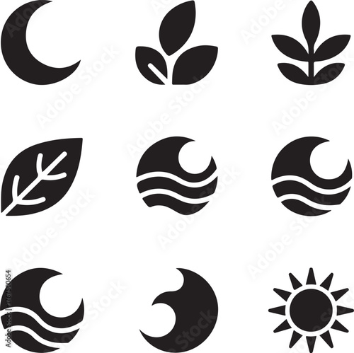 Nature icons set moon sun leaves waves celestial celestial bodies simple graphics vector