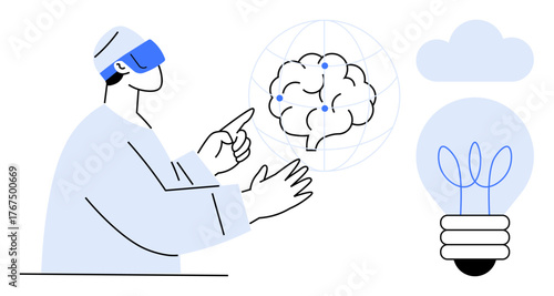 Man wearing VR headset interacting with digital brain model, cloud, and lightbulb. Ideal for technology, innovation, AI, VR, virtual learning creativity futuristic actions. Simple flat metaphor