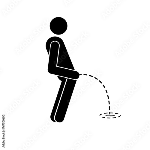 Male stick figure bending over to urinate vector: silhouette illustration of a man peeing representing public misconduct, bodily function, or general human resource needs