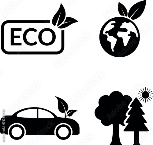 Eco Label, Earth, Electric Car, and Nature Icons