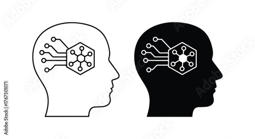 Digital brain and ai technology symbolized by human head icons - Line and glyph icon and logo - Vector icon symbol for website - Icon vector