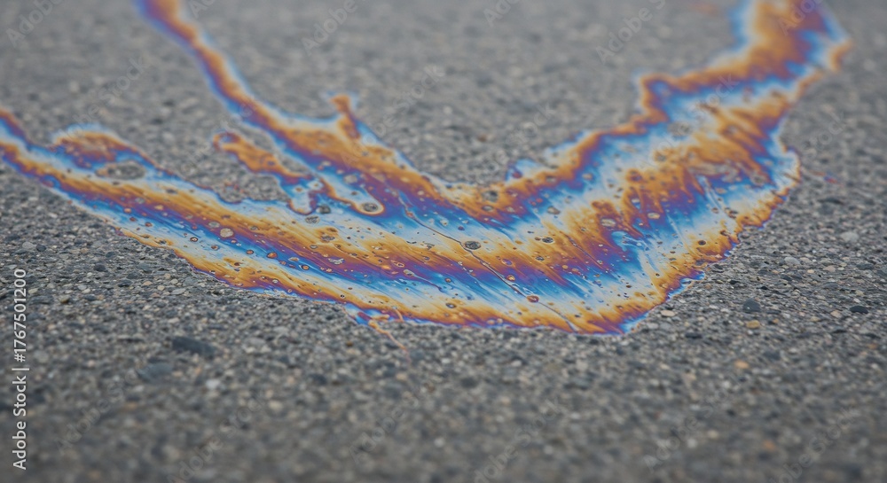 Obraz premium Iridescent oil spill on gray asphalt colorful hues of blue orange yellow