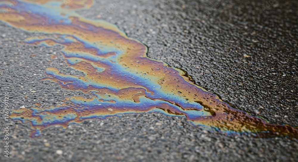 Obraz premium Iridescent oil spill on wet asphalt showing a rainbow of colors