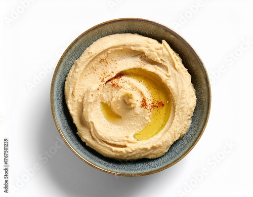 sample of delicious hummus isolated on white top viw
