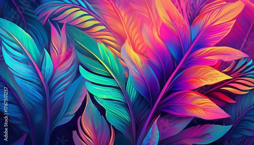 tropical grass leaves texture holographic neon colors