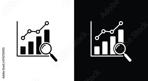 Analyzing business growth and trends with magnifying glass and bar chart - Line and glyph icon and logo - Vector icon symbol for website - Icon vector