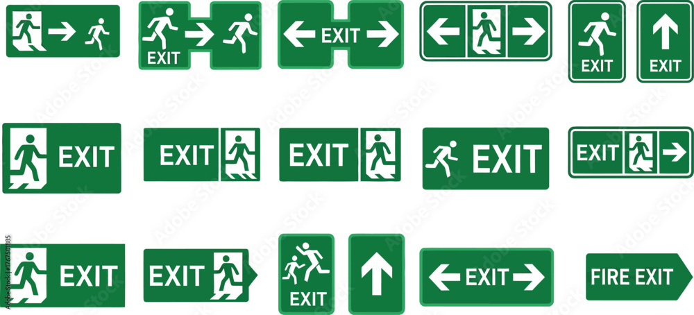 Fototapeta premium safety signage graphics featuring exit and fire direction icons supporting workplace awareness and emergency planning