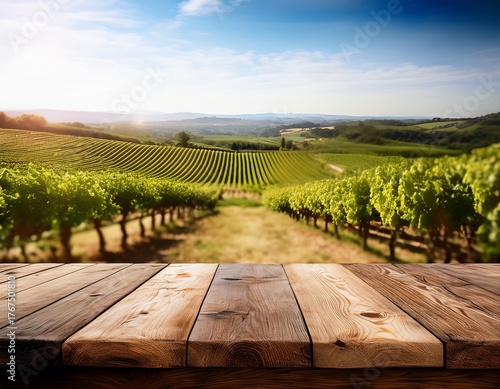 an empty wooden table for product display blurred french vineyard in the background