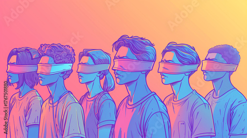 Vibrant illustration of a blindfolded generation, a powerful visual metaphor for conformity and social ignorance