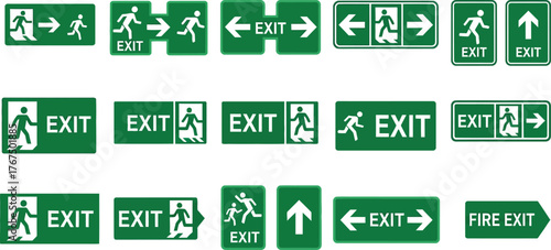 safety signage graphics featuring exit and fire direction icons supporting workplace awareness and emergency planning