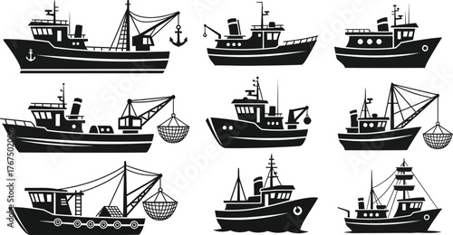 vintage fishing boats silhouettes collection bringing maritime charm and coastal nostalgia to creative design projects