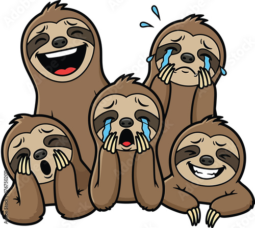 Cartoon Sloth Emotions Vector Set Cheerful and Expressive Sloth Characters Displaying Various Feelings Laughter Tears and Smiles Isolated on Transparent Background Animated Sloth Emotions