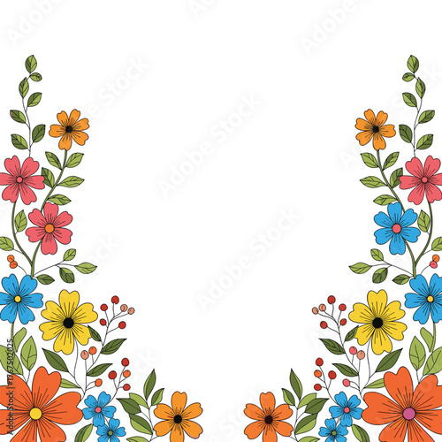 Floral design with colorful flowers and green leaves border on white background.