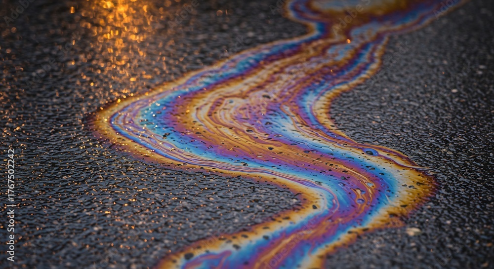 Naklejka premium Multicolored iridescent liquid streak on dark textured surface