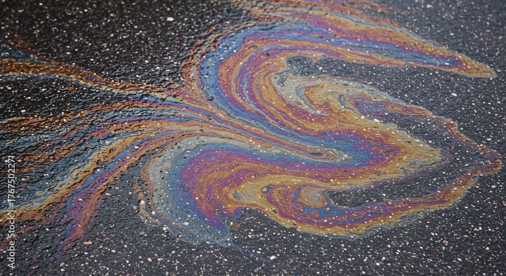 Obraz premium Multicolored oil slick on asphalt pavement showing rainbow iridescence