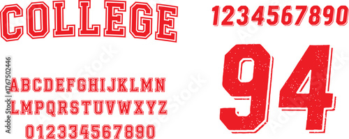 varsity style alphabet and numbers in bright red delivering a bold academic sports aesthetic for custom typography work