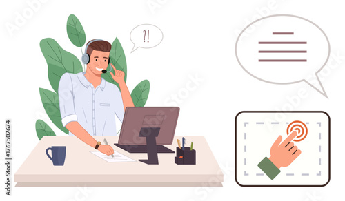 Customer support agent wearing headset working at desk with computer, communicating via speech bubble. Ideal for customer service, communication, remote work, troubleshooting, help desk, online