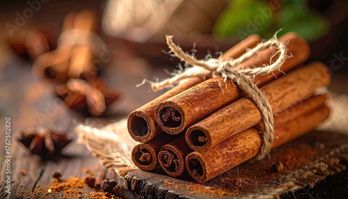 Cinnamon Sticks Tied with Twine on Rustic Wooden Surface with Star Anise and Spice Dust