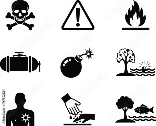 warning and hazard sign symbols communicating safety alerts environmental awareness and industrial information clearly