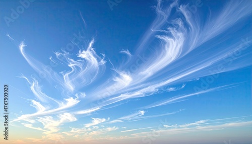 Cirrus Clouds Streaks Across a Bright Blue Sky on a Sunny Day with Atmospheric Perspective, Horizontal View and Soft Texture in Cloudscape