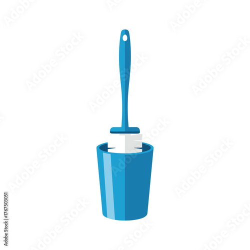 A cartoon illustration of a blue toilet brush and holder, a cleaning supply, isolated on a white background, concept for hygiene and bathroom maintenance.