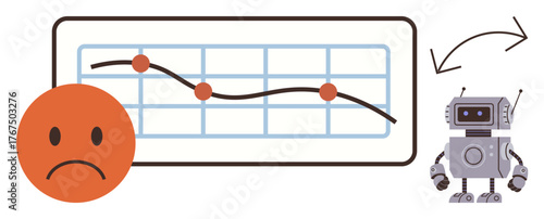 Downward line graph with data points, sad orange face symbolizing negativity, and a robot suggesting AI involvement or automation. Ideal for business, AI, automation, data analysis, technology