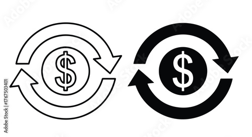 Dollar symbol circular arrows flow finance money exchange concept graphics - Line and glyph icon and logo - Vector icon symbol for website - Icon vector