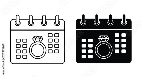 Wedding ring on calendar icon symbolizing special date and event planning - Line and glyph icon and logo - Vector icon symbol for website - Icon vector