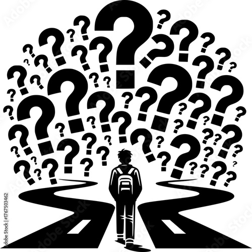 Navigating the Unknown Path: A lone figure gazes upon a road ahead shrouded in question marks, symbolizing the ambiguity and choices that define personal growth. 