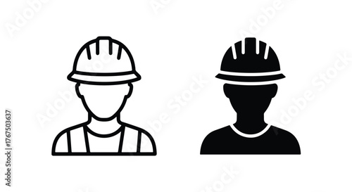 Two hard hat worker silhouettes construction safety icons labor professional symbols - Line and glyph icon and logo - Vector icon symbol for website - Icon vector