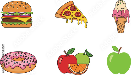 Delicious assortment of fast food and fresh fruit icons representing variety and healthy choices
