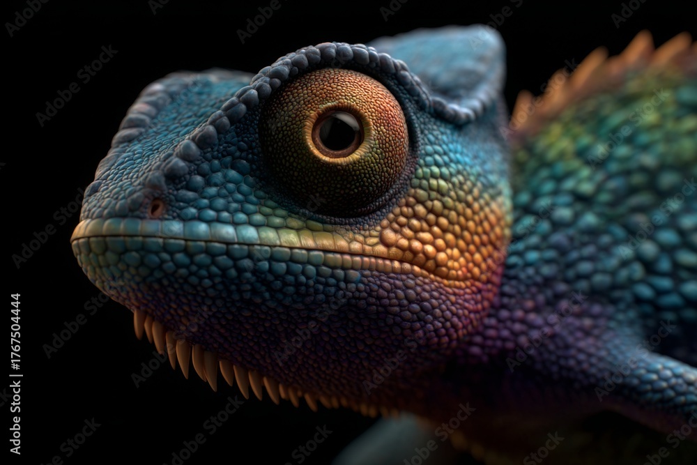 Fototapeta premium Vivid Chameleon Portrait: Macro Texture, Vibrant Colors, and Intense Gaze on Black Background