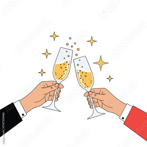 Two hands clinking champagne glasses in a festive toast, celebrating a special occasion with sparkling drink and decorative stars.