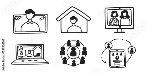 Illustration depicting remote work and communication through various digital devices and platforms