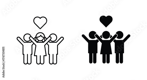 Diverse group of people with hearts symbolizing unity love and friendship concepts - Line and glyph icon and logo - Vector icon symbol for website - Icon vector