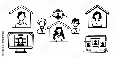 Illustration of people working remotely from home connected through video conferencing technology setup