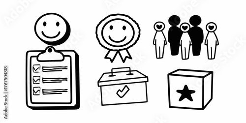 Illustration of voting process with clipboard, ballot box, people, and award with smiley face