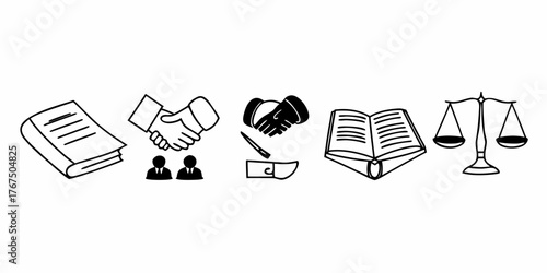 Illustration showing legal themes including books, handshake, scales of justice and business people