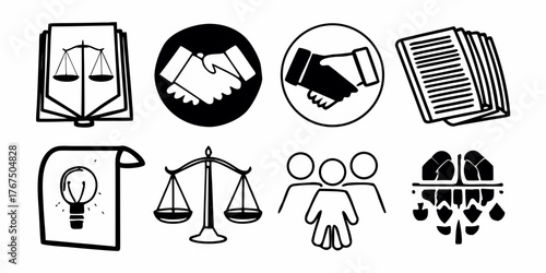 A collection of law and business icons including scales, handshakes, documents, and a lightbulb idea icon