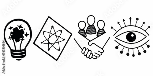 Illustration showing a lightbulb with stars, atom, handshake with people, and an eye with arrows