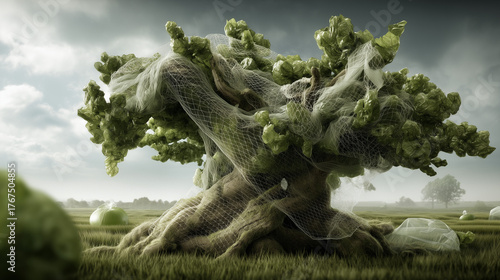 A majestic ancient tree with a twisted trunk and lush green foliage, mysteriously shrouded in a delicate white net in a surreal field