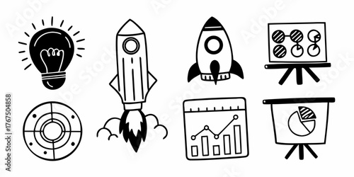 Illustration of business icons including lightbulb rockets charts and target for startup and data analysis