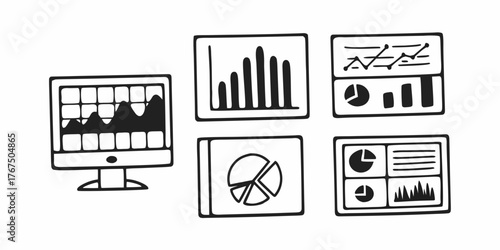 Illustration of a computer monitor displaying a graph and various data visualization charts displayed